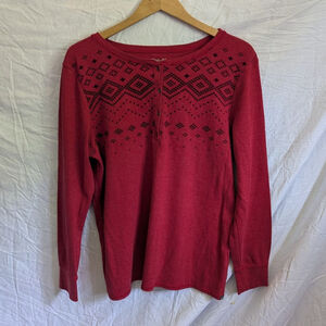 Eddie Bauer Women 2XL Red Waffle Knit Fair Isle Henley Long Sleeve Thermal Top